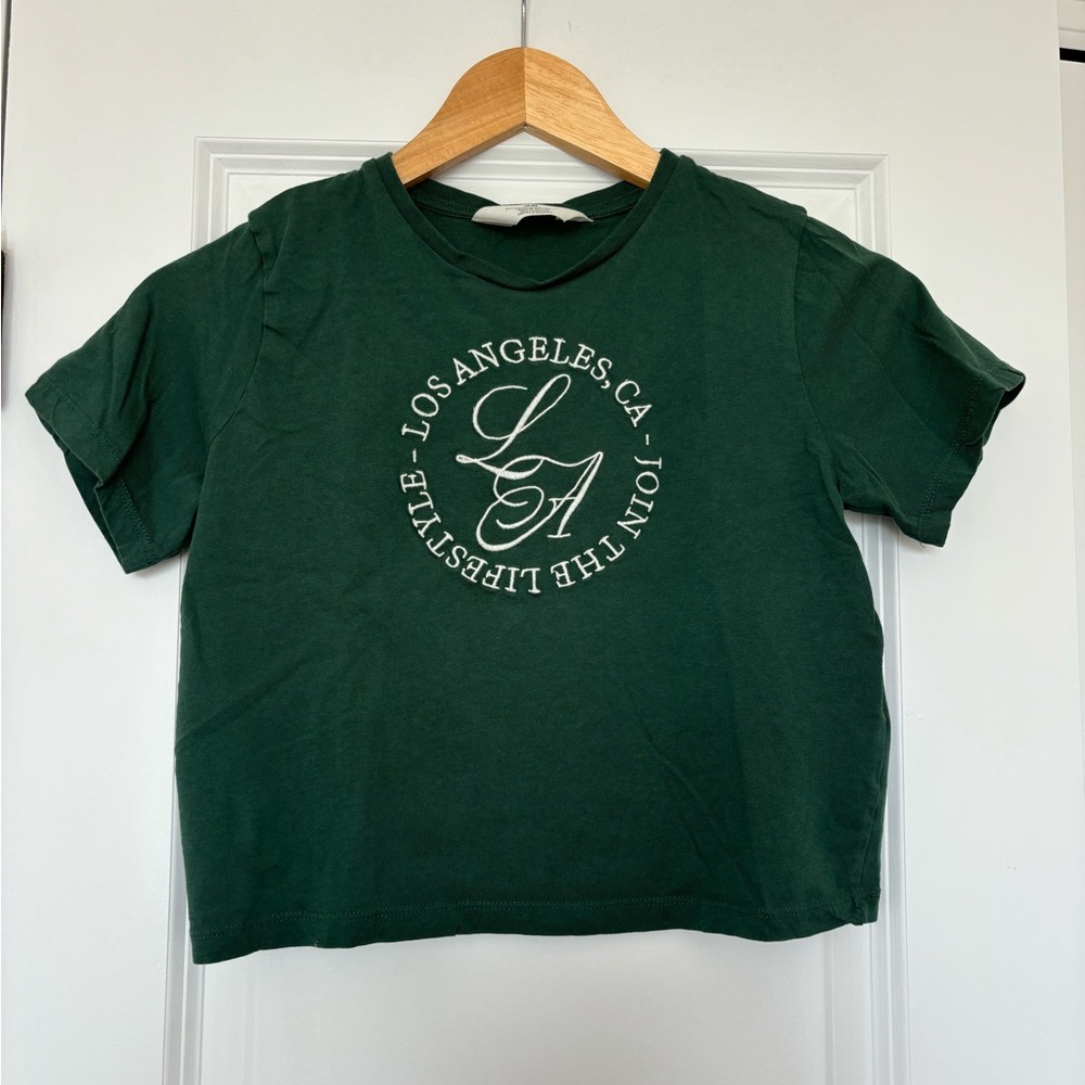 H&M Kids Dark Green Los Angeles Embroidered T-Shirt Girls Size 8/10